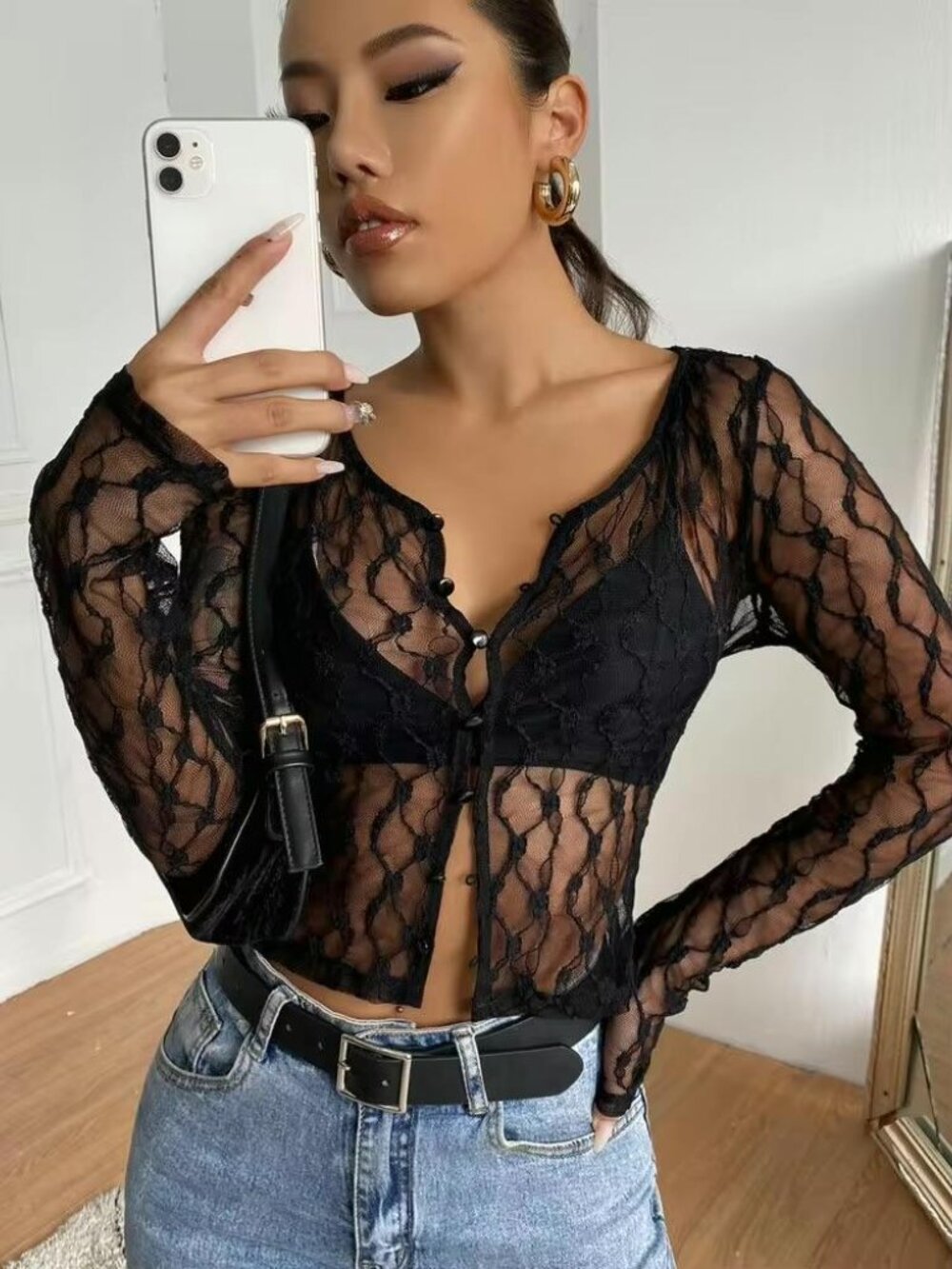* Shein Unity Button-Up Sheer Black Long Sleeve Top Lace (Without Bra) M
